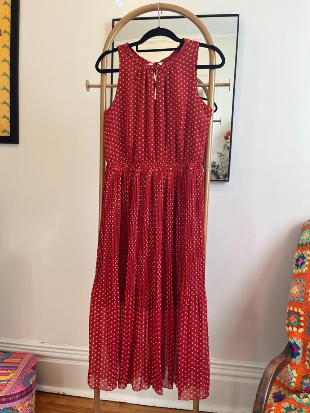Suzy Shier Rust Orange Polka Dot Sleeveless Midi Dress